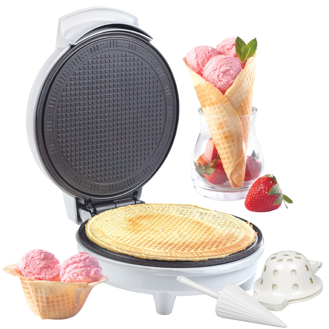 A relevant stock photo of waffle and waffle cone maker in a typical setting.