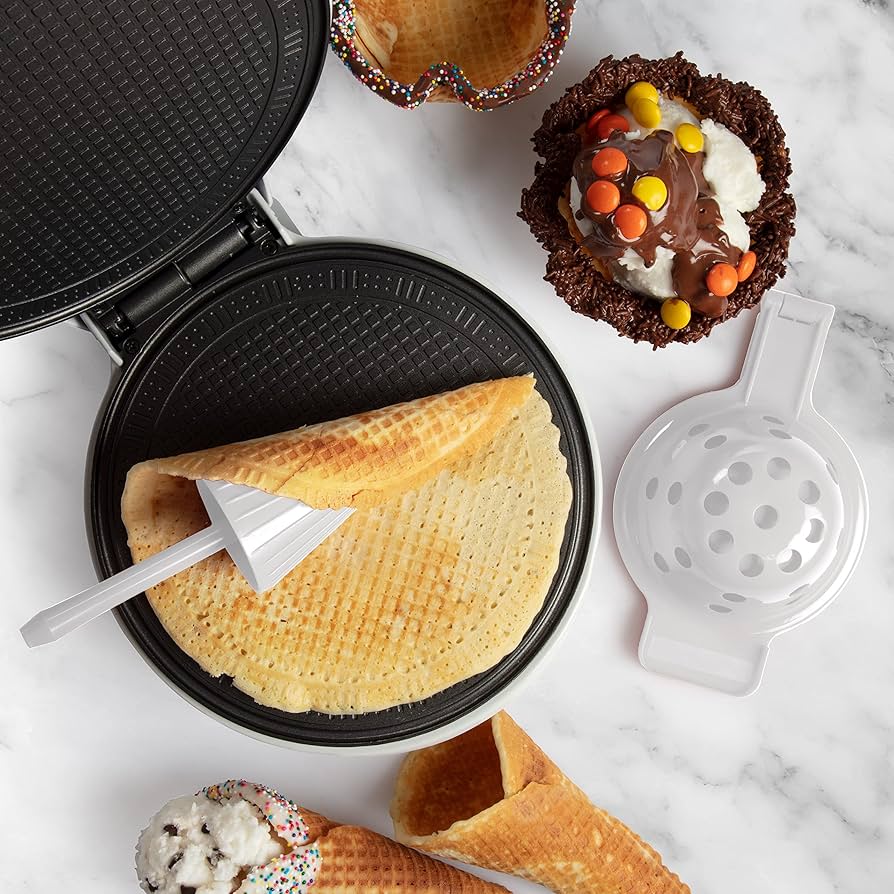 A relevant stock photo of waffle and waffle cone maker in a typical setting.