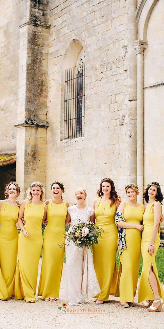 A relevant stock photo of yellow bridesmaid dresses in a typical setting.
